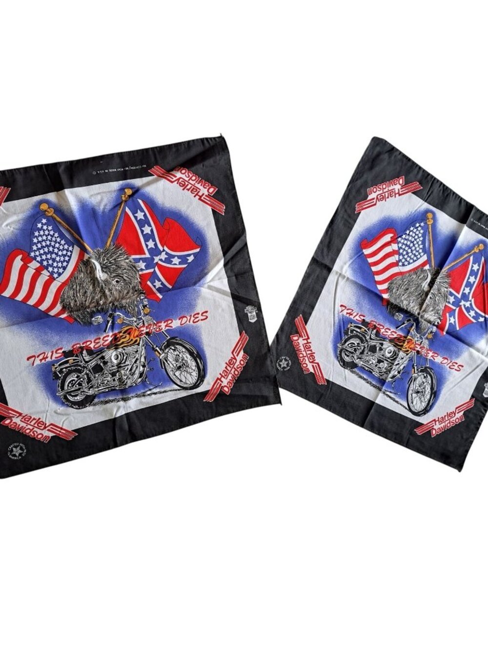 2 Harley Davidson Vtg Bandanas "This Breed Never Dies" USA Motorcycle Bison Flag